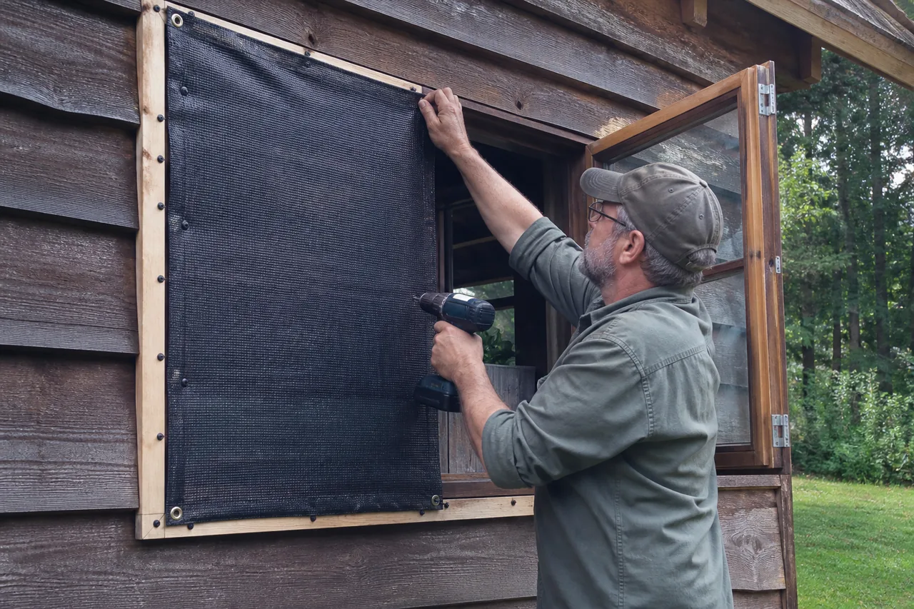 Installing an exterior shade panel beside a cabin window