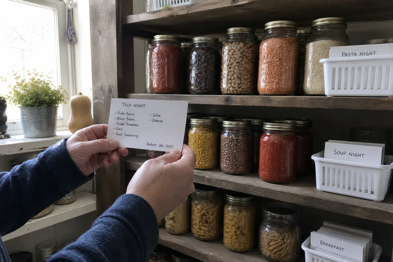 A hand checking a pantry meal card in front of jars