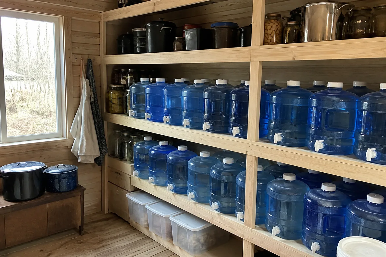 Shelves of household water containers
