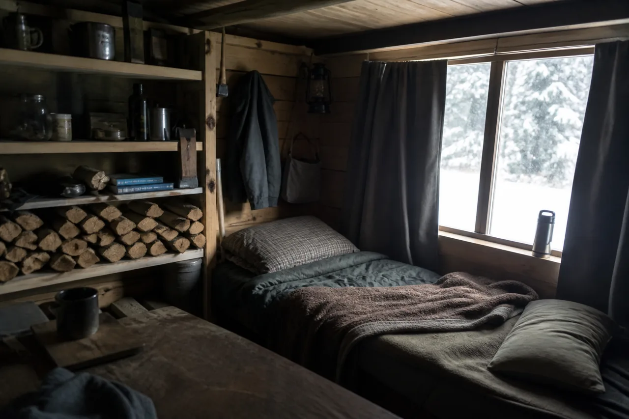 A compact winter sleeping room with stored firewood